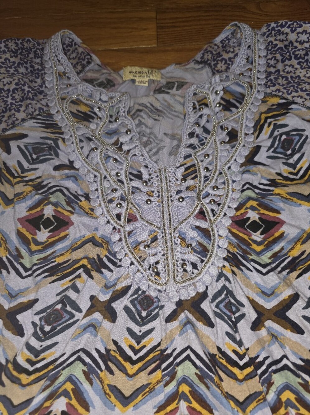 One World Short Sleeve Boho Print Tee in Lavender, Navy, Gold - Picture 2 of 3